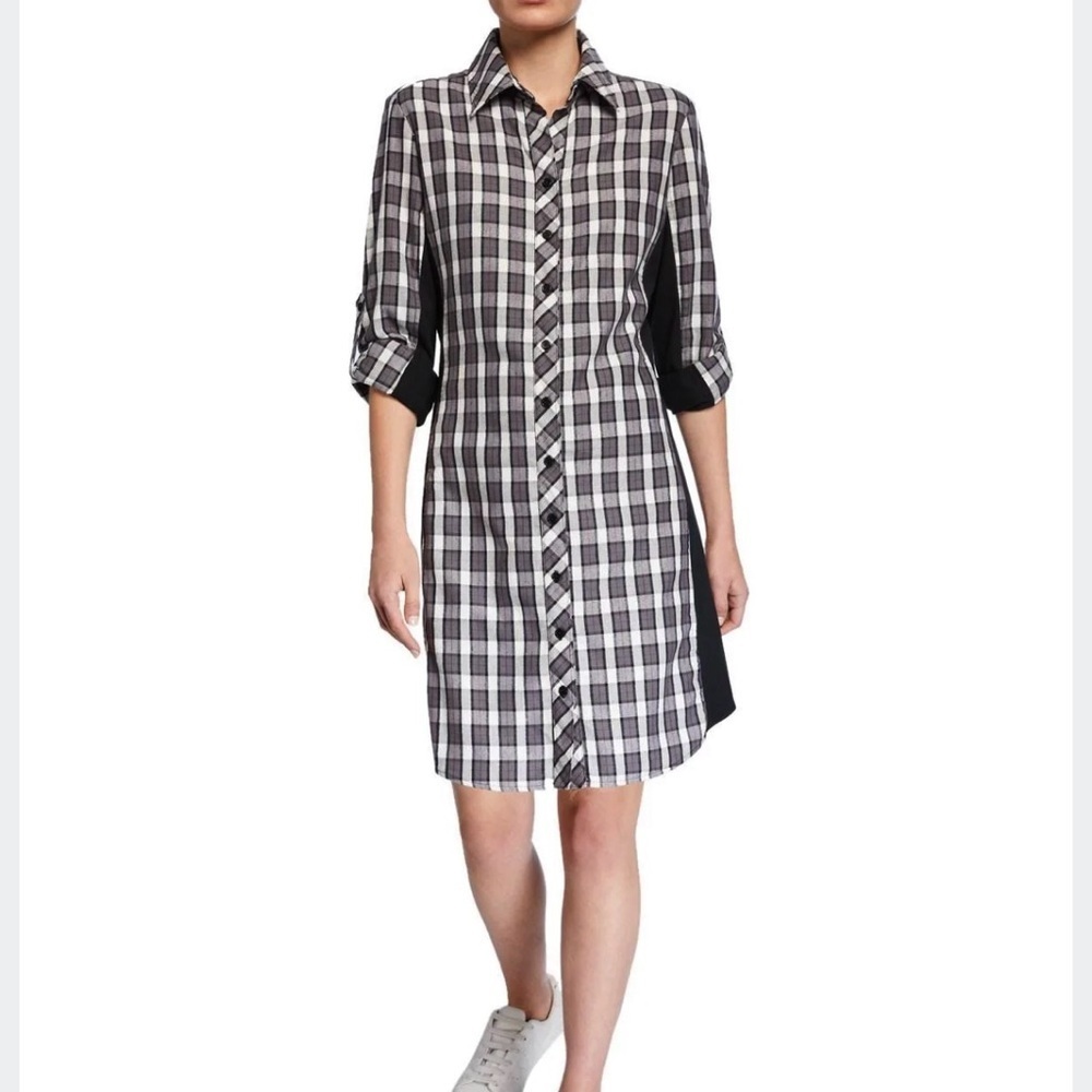 Finley Casey Check Plaid Flannel Long Sleeve Shirt Dress Gray Black Women XS